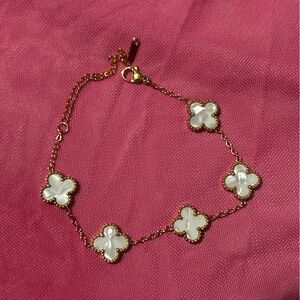 Stainless Clover Bracelet Gold Tone Mother of Pearl Look Preppy Trendy Jewelry